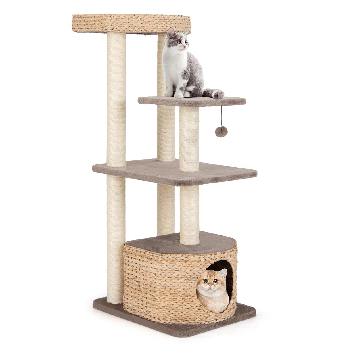 COSTWAY Kratzbaum mit Katzenhöhle, 131 cm hoch, Katzenbaum mit Plattformen & Ball & Sitzstange und Kissen, Kletterbaum aus Rohrkolben & Sisal, Katzenkratzbaum Katzen Klein, Kaffee+Natur