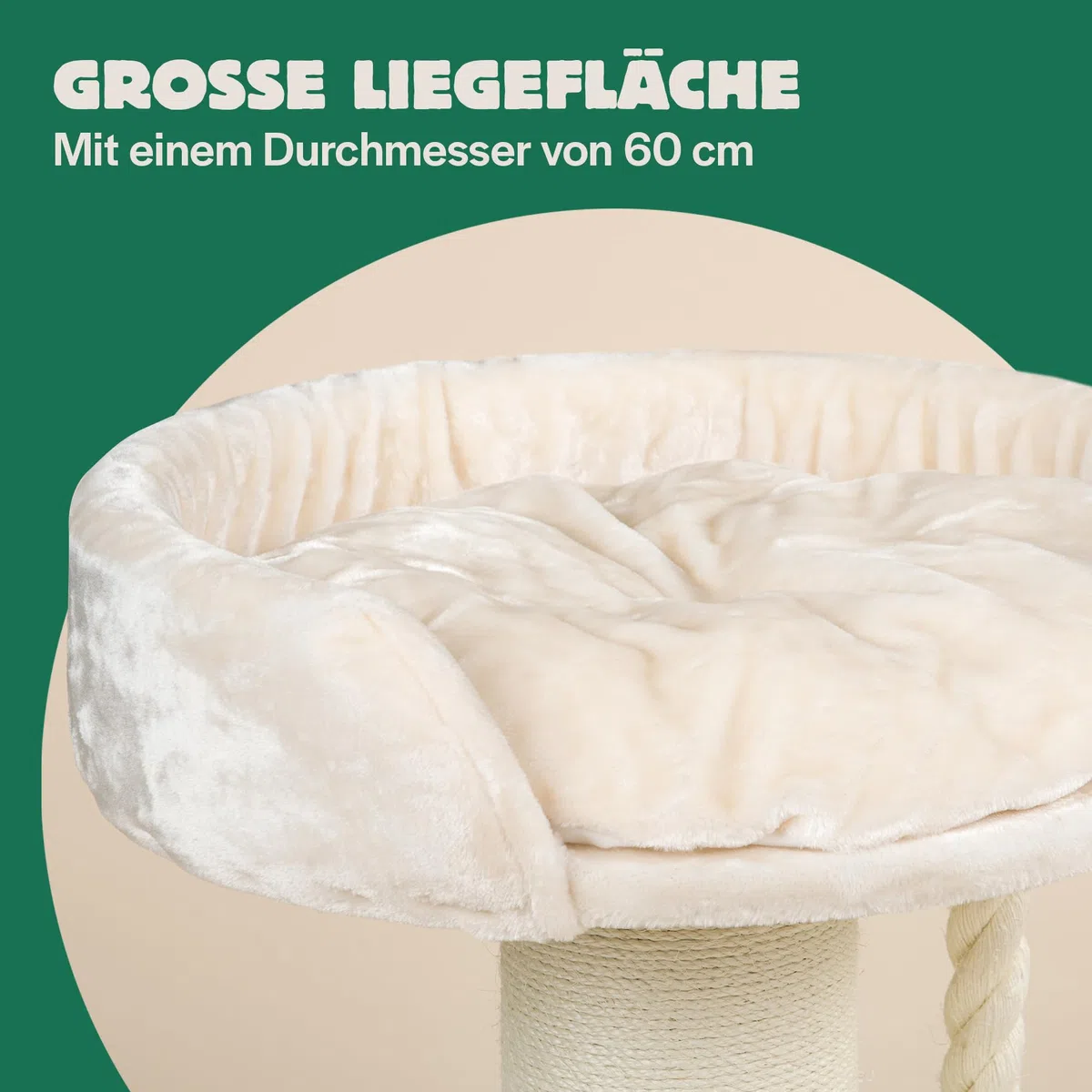 RHRQuality Kratzbaum für große Katzen – Chartreux – 80 cm hoch – Mit extra dickem 20 cm Sisalstamm – Luxuriöse Liegefläche von ⌀60 cm – Crème