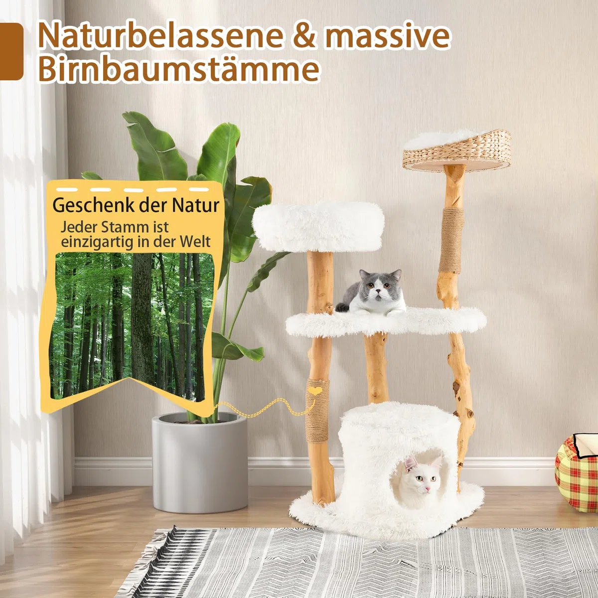 SOARS Kratzbaum Holz, Katzenbaum mit 3 natürlichen Birnbaumstämmen, Katzenhöhle & Plüschflächen, Katzenkratzbaum mit handgeflochtenes Katzenbett & Juteseil, Katzenmöbel, mehrstöckig, 48 x 48 x 124cm