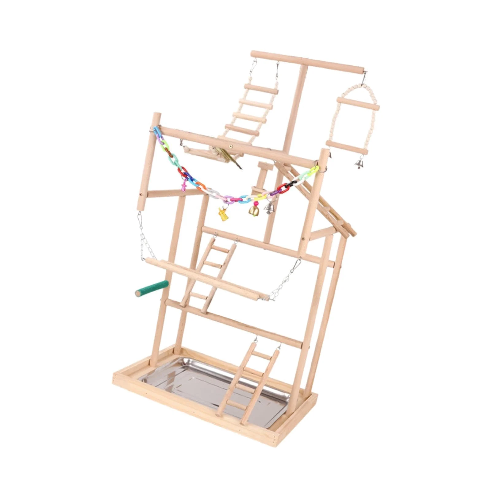 Papageienspielplatz mit Holzkonstruktion und Leiter für sichere und unterhaltsame Spielzeiten. Schwarzer Phönix Papageien Spielplatz mit Schaukel,