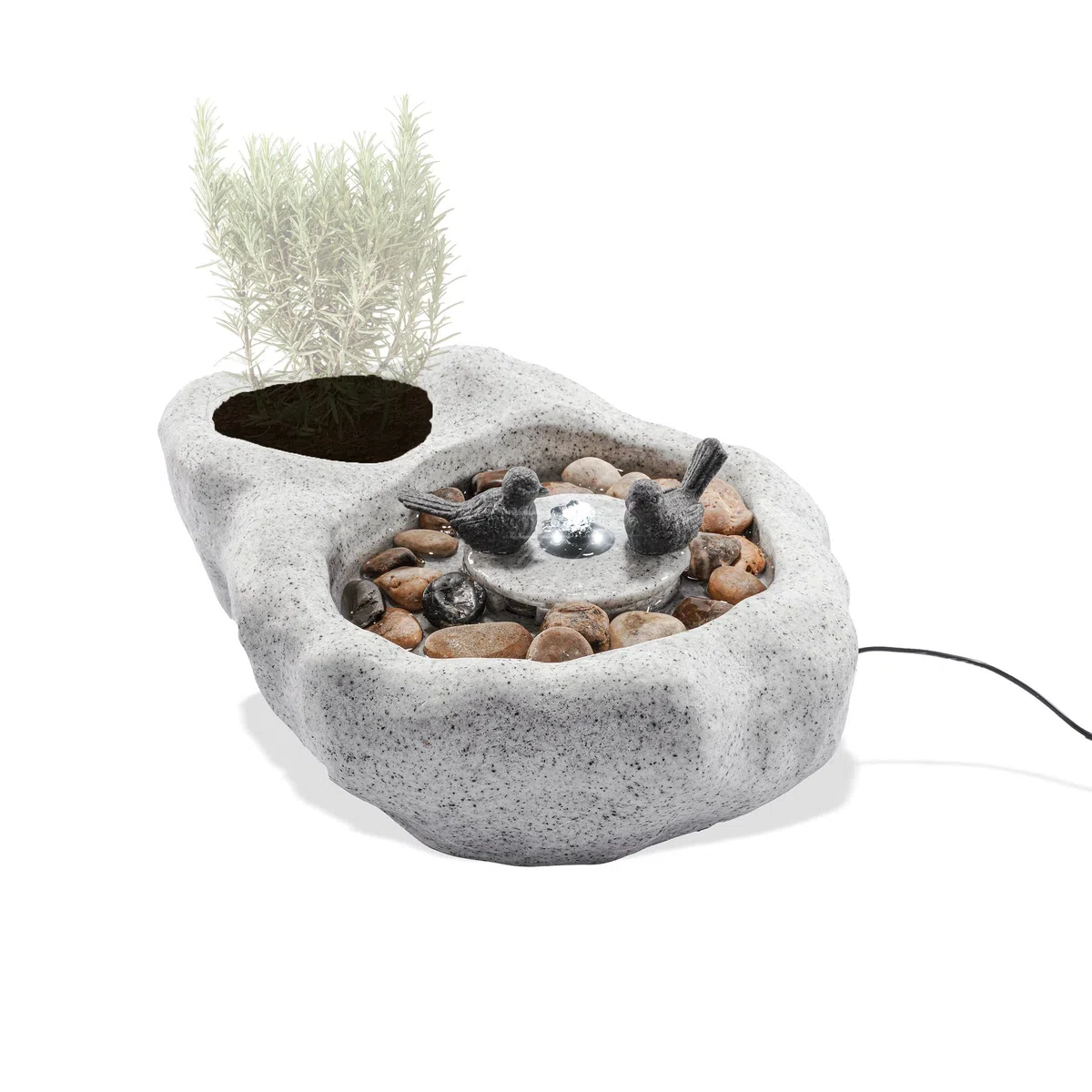 esotec Solar-Brunnen Vogelbadbrunnen mit Akku & LED & Pumpe, Solar Gartenbrunnen mit Vogeltränke, Wasserspiel Outdoor, 42x32x17cm, 101319