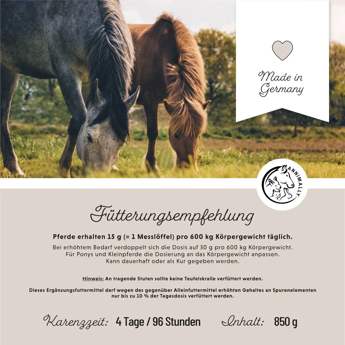 Annimally Gelenk Pulver für Pferde 850g mit Teufelskralle, MSM (Schwefel), Glucosamin, Hyaluronsäure, Chondroitin - Zusatzfutter für die Stärkung der Gelenke beim Pferd - Alternative zu Liquid