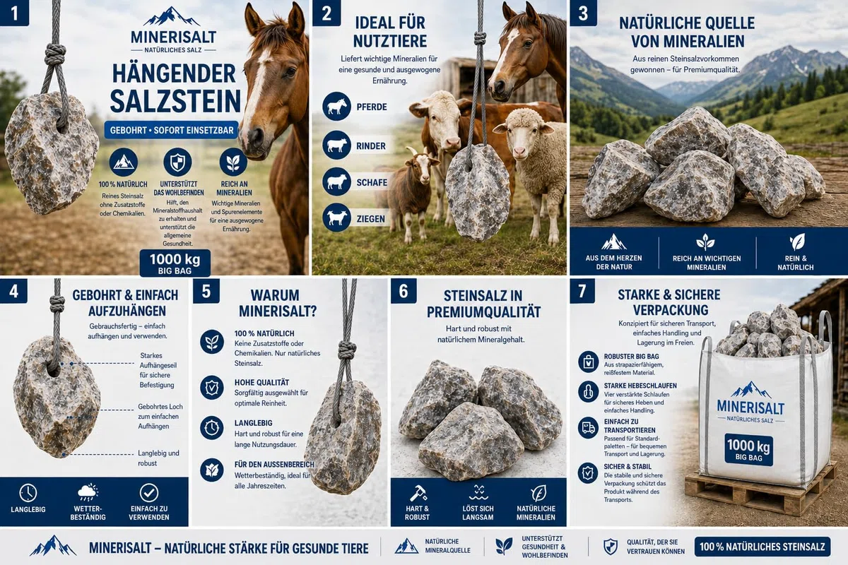 Premium Mineral-Leckstein für Nutztiere & Wildtiere – laborgeprüft für Rinder, Pferde, Schafe, Ziegen & Wild (1000 Kg, Ohne Aufhängeseil)