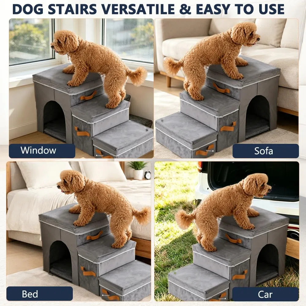 43,2 cm H Hundetreppe für hohe Betten bis zu 63,5 cm Höhe – Haustierstufen für kleine, mittelgroße oder große Hunde, faltbare Katzentreppe mit Stauraum und Höhle, 3-stufige Haustiertreppe für