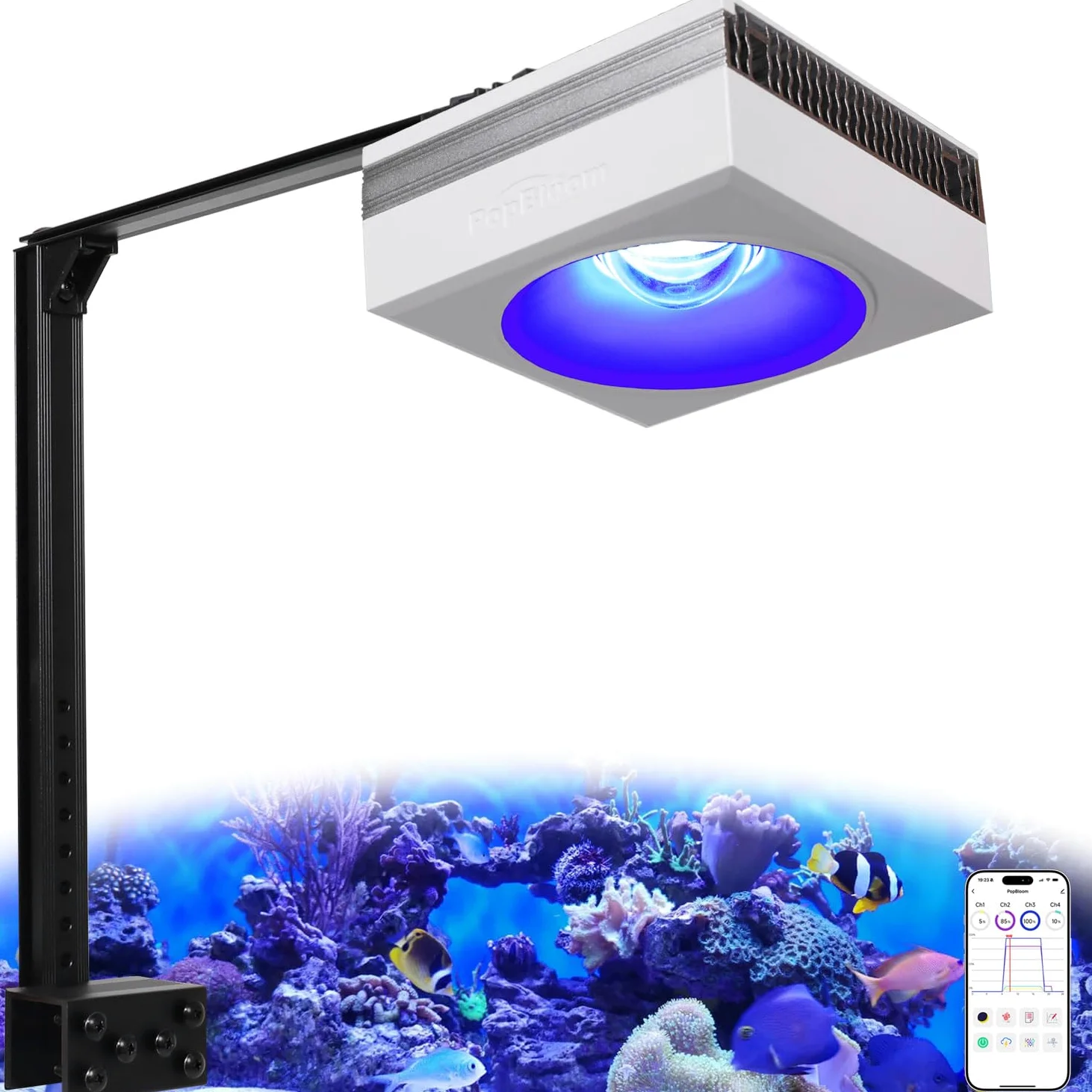 PopBloom RL90 WiFi Meerwasser LED 100W, Salzwasser LED Beleuchtung für Reef Coral Fish Wasserpflanzen Salzwasser Aquarium,APP unterstützt Deutsch (1 WiFi Lampen mit Armhalterung)