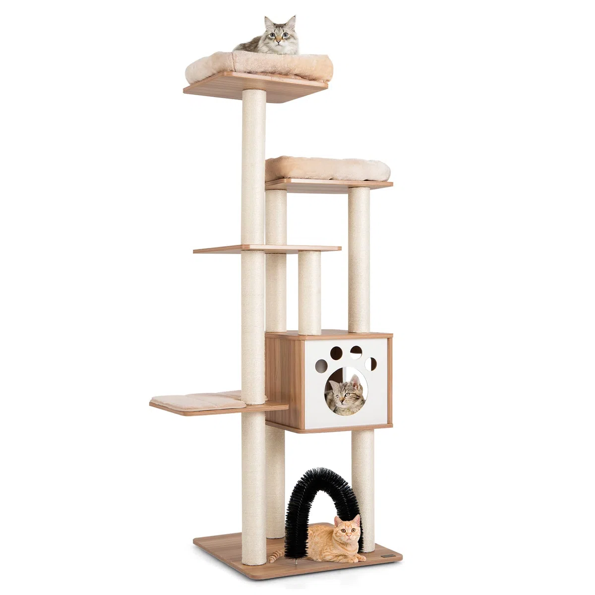 COSTWAY 6-stöckiger Kratzbaum Holz, 176cm Katzenbaum mit gemütlicher Matten & Höhle & Katzenbogen, Katzenkratzbaum Groß, Katzen Katzenmöbel, Kletterbaum Aktivitätsbaum Spielbaum, Beige