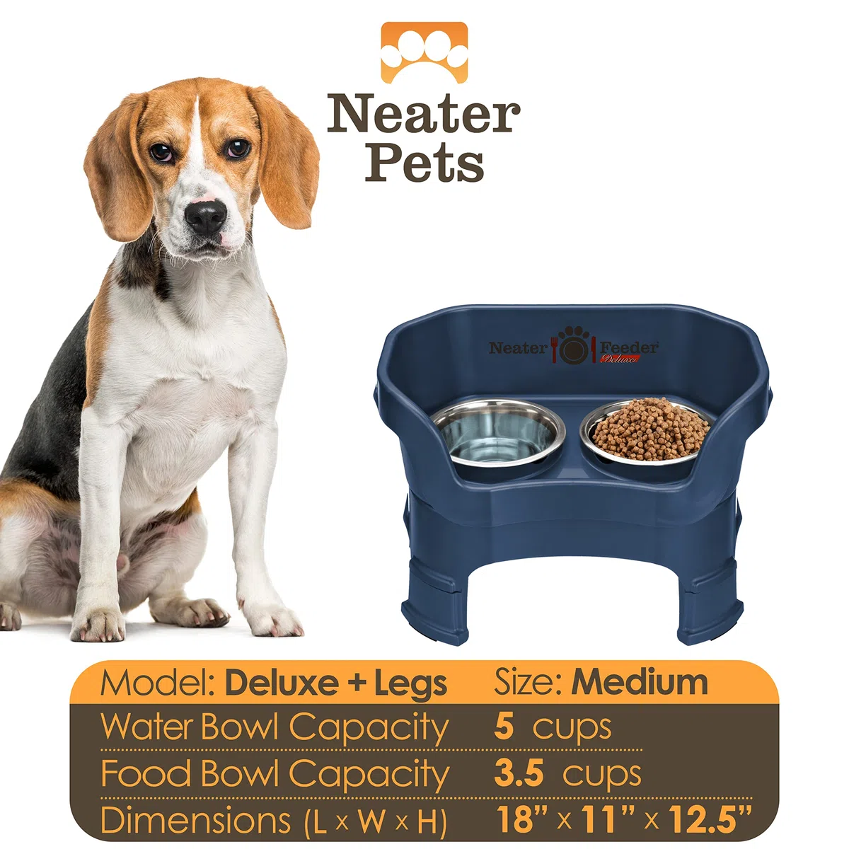 Neater Feeder Deluxe-Hundenäpfe für mittelgroße Hunde (8,6–18,1 kg), 2 höhenverstellbare (25,4 cm & 31,8 cm), kein Verschütten, erhöhter Futternapf, Edelstahl, hergestellt in den USA, Dunkelblau