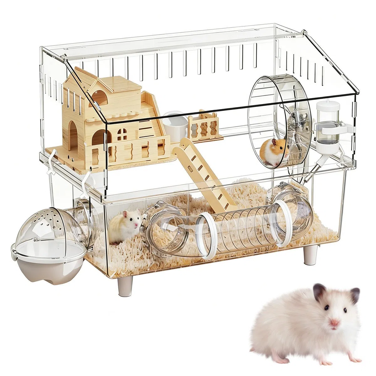 Hamsterkäfig 2-stöckiger Nagerkäfig aus Klarsicht | Geräumiger Hamsterkäfig mit Trinkflasche und Toilette für Kleintiere wie Meerschweinchen, für den Einsatz zu Hause,