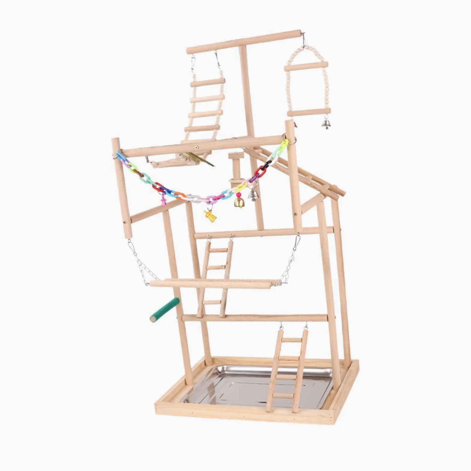Papageienspielplatz mit Holzkonstruktion und Leiter für sichere und unterhaltsame Spielzeiten. Schwarzer Phönix Papageien Spielplatz mit Schaukel,
