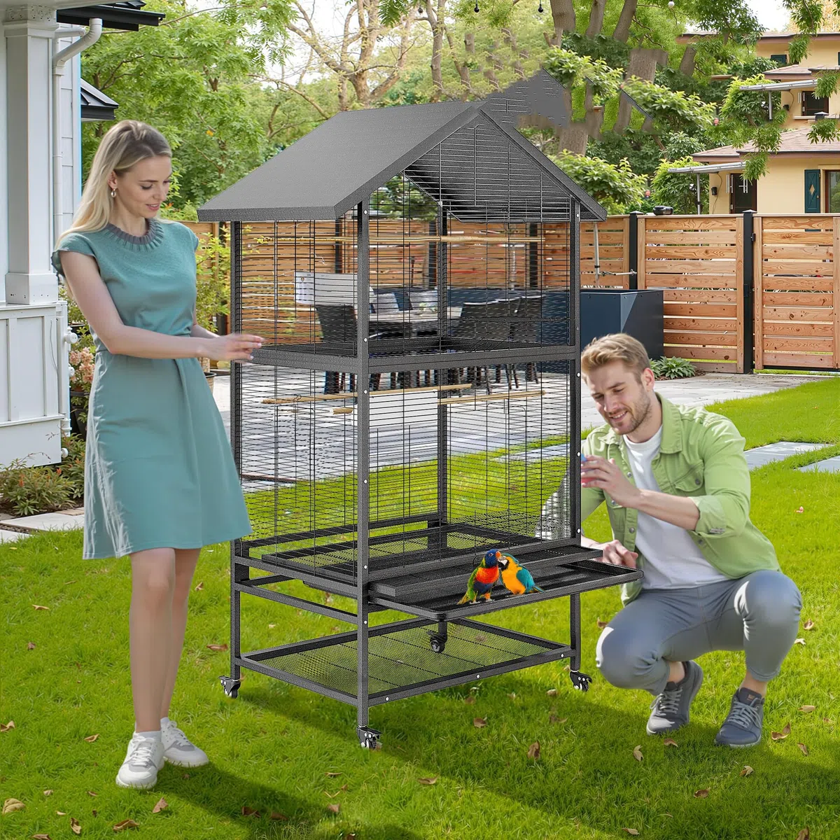 große Vogelvoliere, Premium Vogelkäfig 60x80x167cm, Vogelhaus Voliere mit Beweglich Rollen & Dach, Papageienkäfig mit 4 Holzstangen, 4 Futternäpfe, Einfache Reinigung Bodenwanne