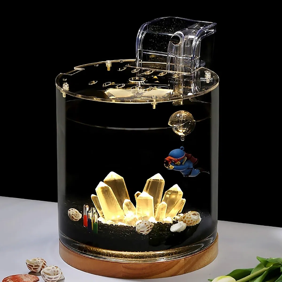 Betta-Aquarium-Starter-Set – Zylindrisches Kampffisch Aquarium mit Holzsockel, LED-Licht, Wasserpumpe – Goldfischbecken für Anfänger(25 * 25cm/9.8 * 9.8in)