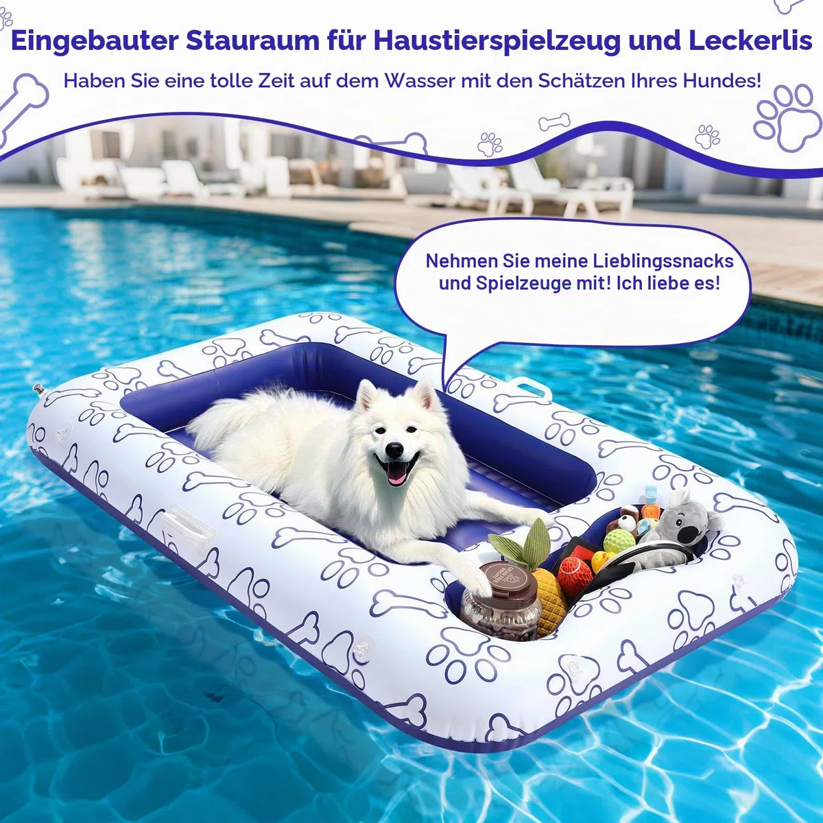 MoKo Pool Luftmatratze für Hunde, 150x90 cm für Hunde der Größen S/M/L, Schwimmmatratze mit Integriertem Staufach für Spielzeug und Futter, Aufblasbare Matratze, Blau Knochen Klaue