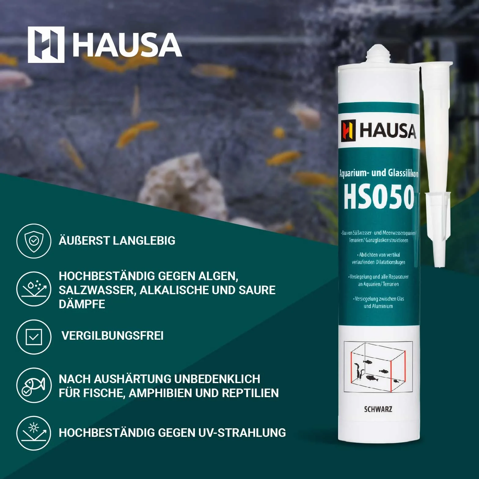 HAUSA Aquarium-Silikon Glas-Silikon HS050 schwarz 6x 310ml Silikon-Kleber & Dichtstoff für Aquarien Terrarien Glaskonstruktionen schnelle Aushärtung, süß- meerwasserbeständig, sicher für Fische