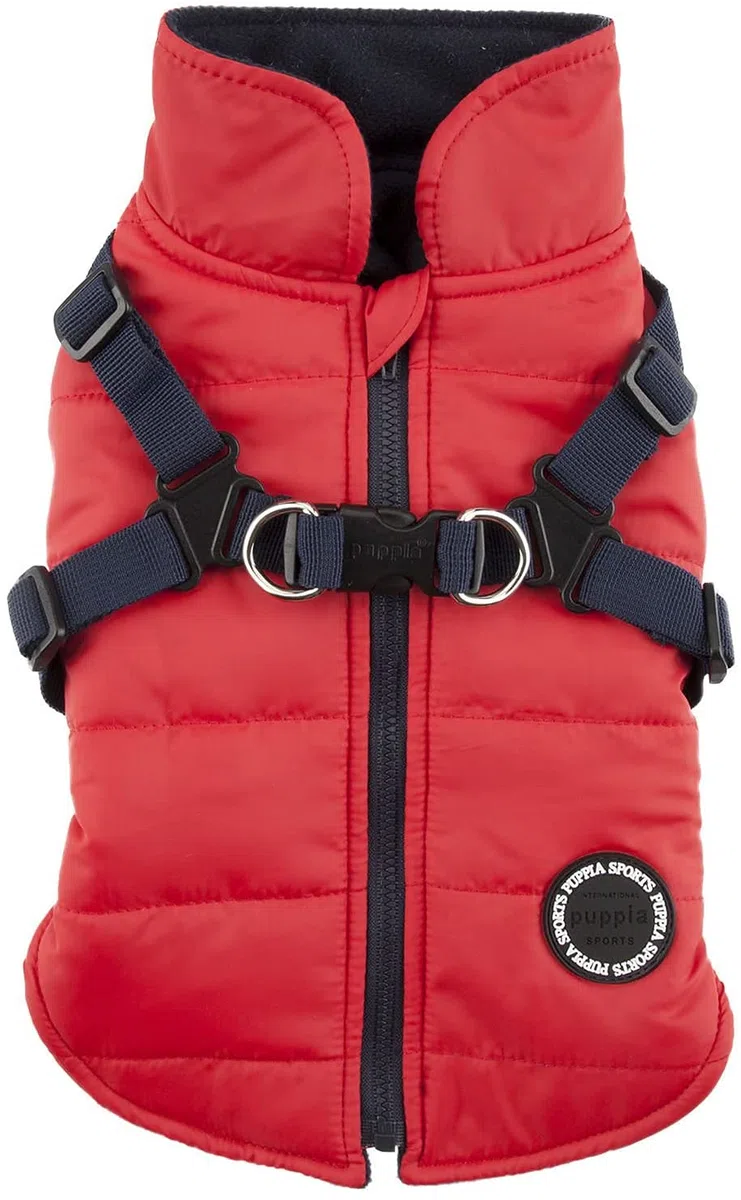 Puppia Hochwertiger Hundemantel für kleine Hunde und mittelgroße Hunde - wasserdicht und mit Fleece gefüttert für angenehme Wärme - Hundemantel mit Geschirr, Rot, M