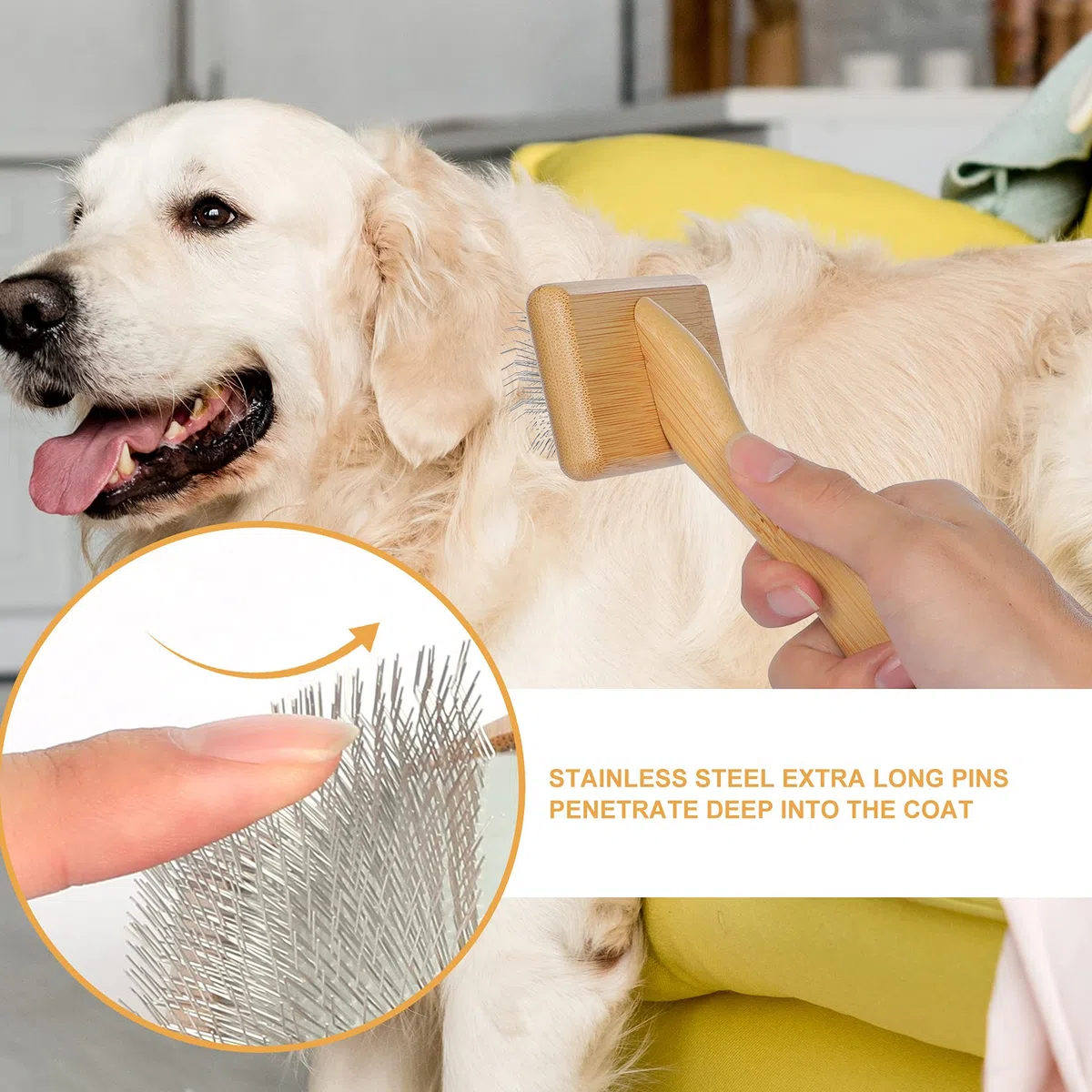 Hunde- und Katzenbürste, Zupfbürste für Haustiere mit Bambusgriff für lange Haare & kurze Haare eleganter Fellpflegekamm zum Entfernen von Schuppen, Verfilzungen und Schmutz