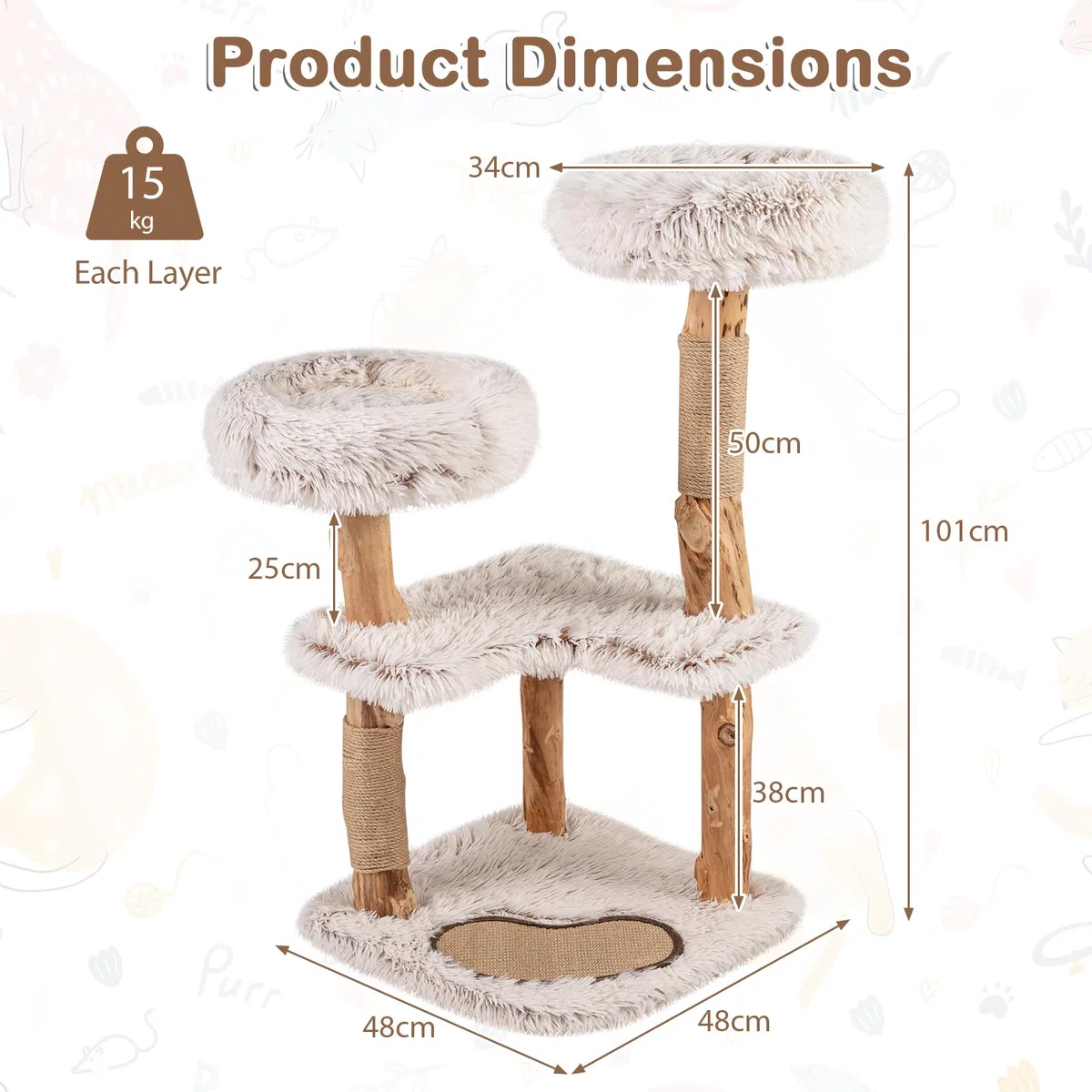 FANTASK Holz-Katzenkratzbaum 101 cm, Massivholz & Jute Kratzpfosten, Kratzmatte, 2 Plüschsitzflächen & 2 große Platformen, Katzenkletterbaum Katzenmöbel