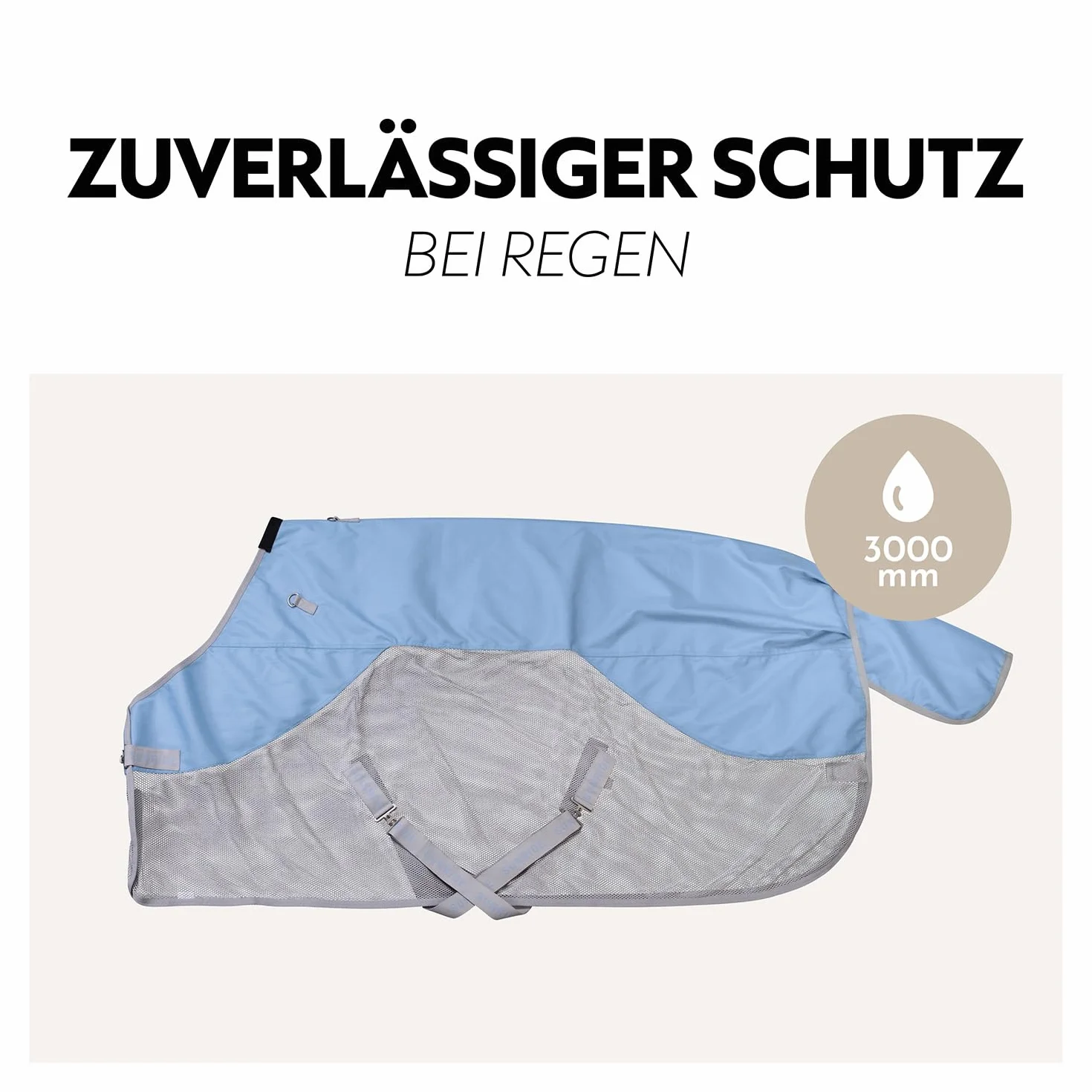 SUNRIDE Regen- Fliegendecke 0g für Pferde (Oslo) - 1200D - mit abnehmbarem Halsteil - 100% wasserdicht - 3.000mm Wassersäule (blau/grau, 145cm)