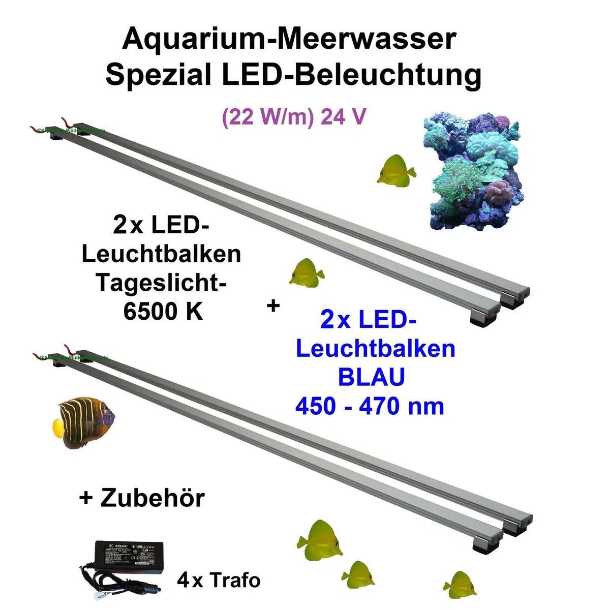 Meerwasser Aquarium LED-Licht 170 cm, 4 Leisten: 2X Tageslicht + 2X Blau
