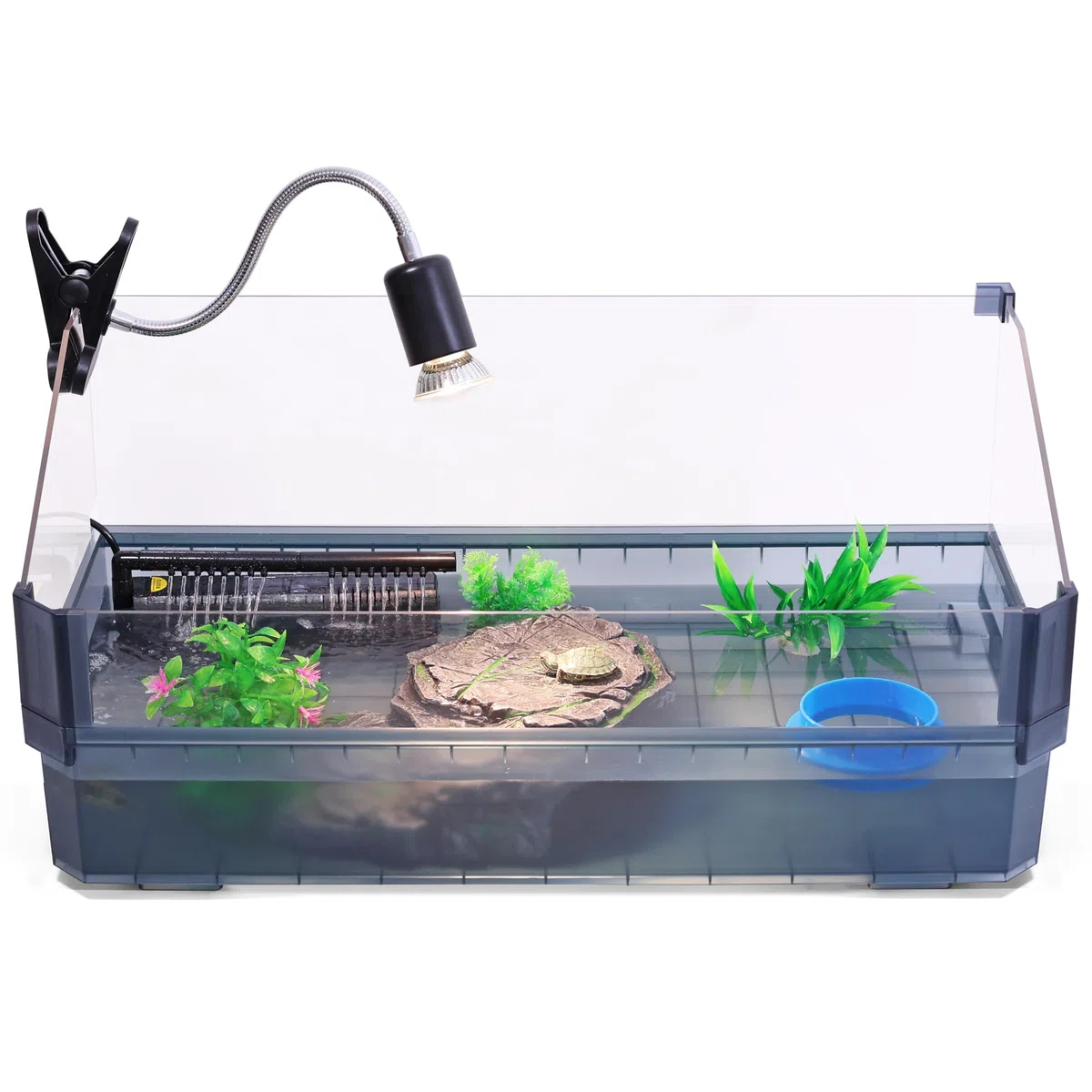 Großes Schildkröten-Tank-Kit für Wasserschildkröten – komplettes Starter-Habitat mit Filter, UVB-Lampe, Sonnenplattform, Pflanzen, Futterring – Schildkröten-Aquarium-Kit (Schwarz)