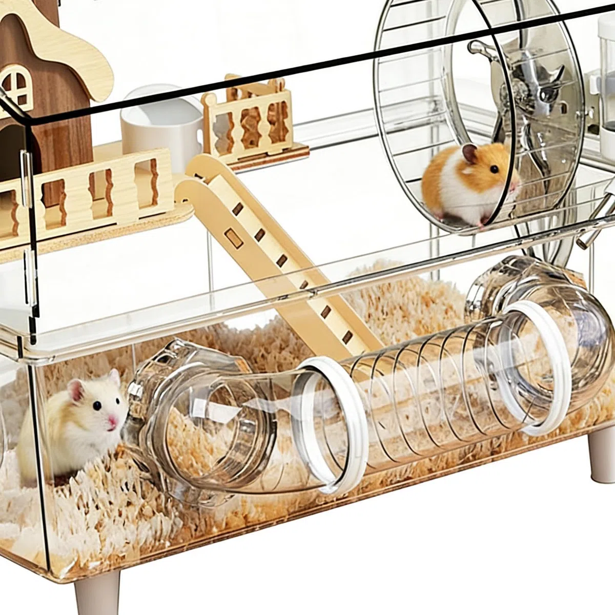 Großer Hamsterkäfig 2-stöckiger durchsichtiger Auslauf | Geräumiger Hamsterkäfig mit Trinkflasche und Toilette für Kleintiere wie Meerschweinchen, Beobachtung zu Hause oder