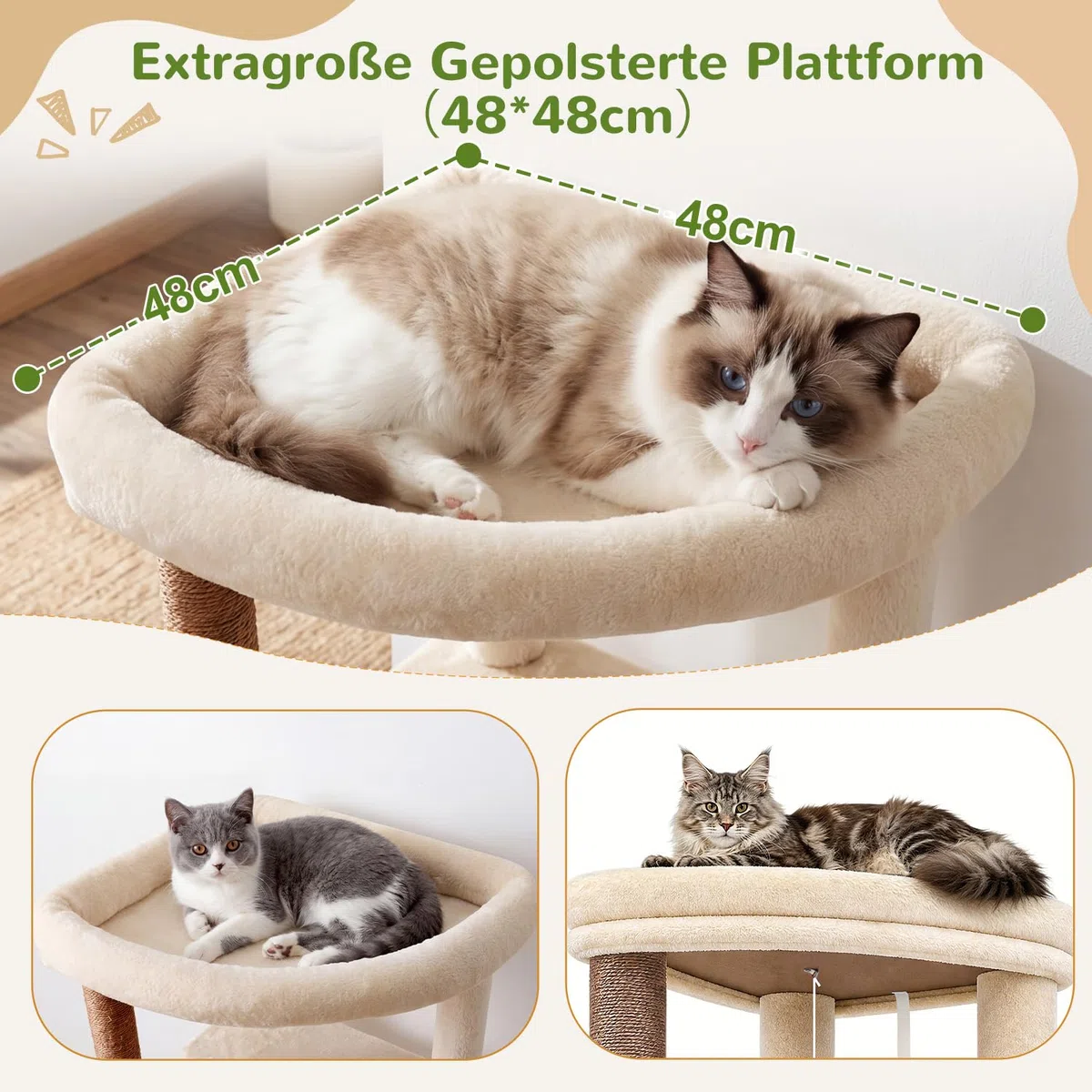 Globlazer Kratzbaum Stabil Beige mit Große Loungebereich für 2/3 Katzen S56 | Katzenbaum 143cm Platz Spare Geeignet für Wohnzimmer Schlafzimmer Wohnung mit Katzenhäuse Hängematte für Große Katzen Innen