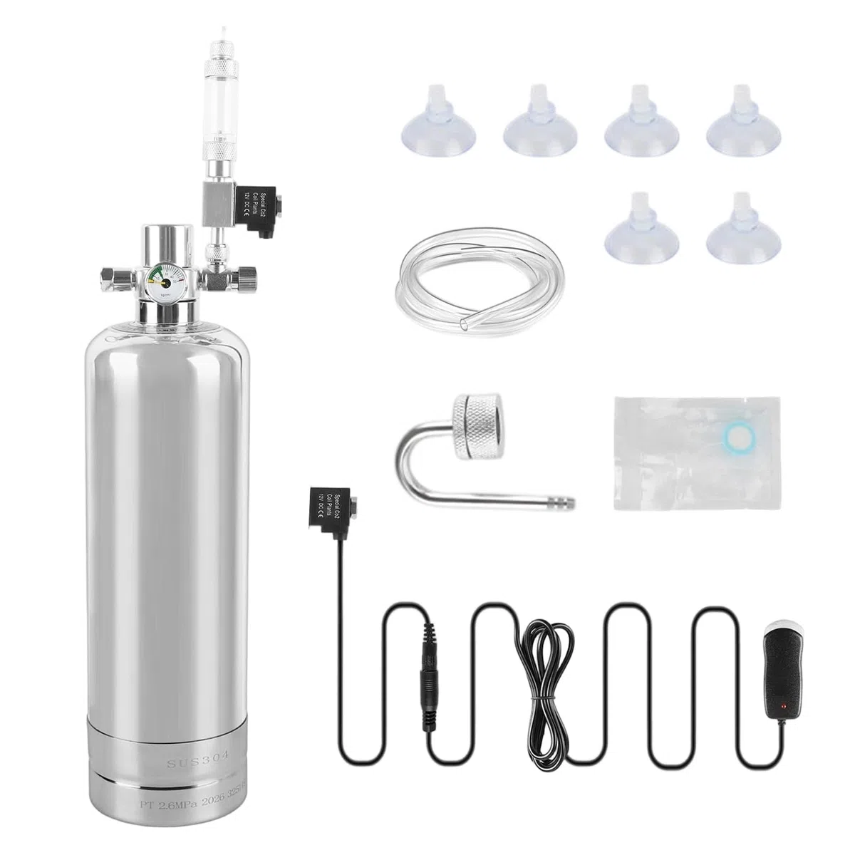 2L CO2 Anlage Aquarium Komplett-Set, Edelstahl 2kg CO2 Flasche Generator | Aquarium Kohlendioxid Reaktor Kit mit Magnetventil, Diffusor, Visueller Blasenzähler für Aquarienpflanzen Pflanzenwachstum