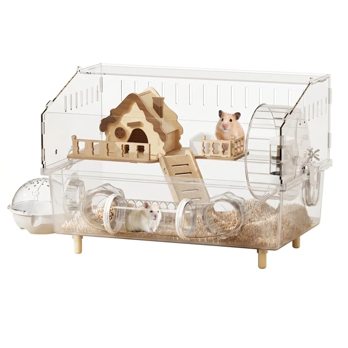 Hamsterkäfig, Panorama-Hamsterkäfig, Gehäuse aus Acryl und Holz mit geräuschlosem Zubehör, transparent, 100 x 50 x 50 cm.