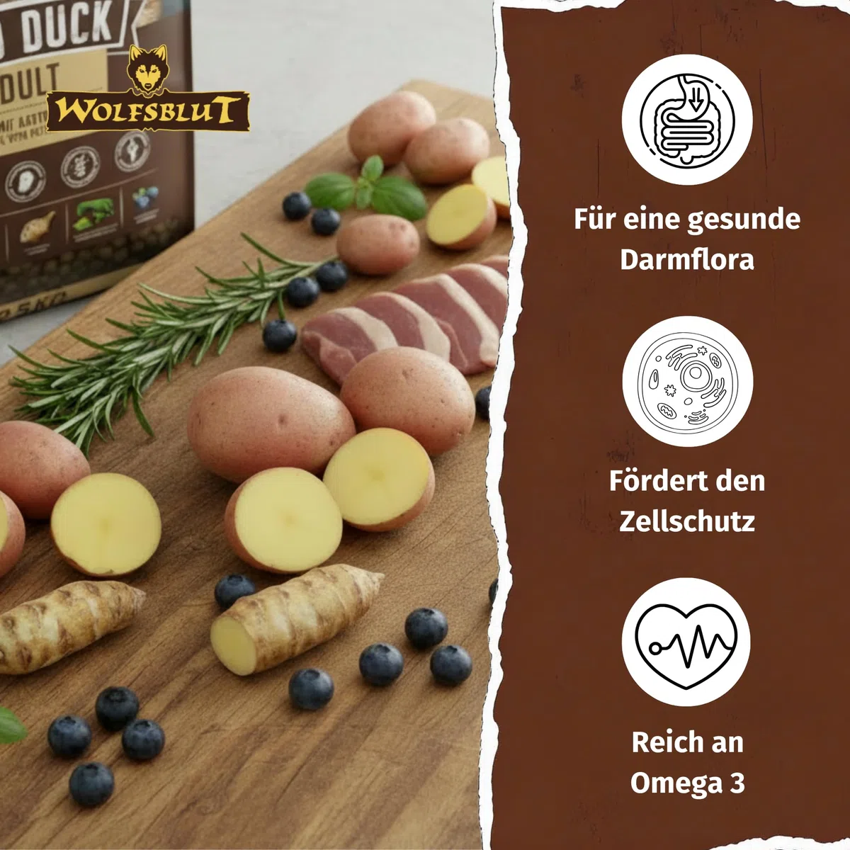 WOLFSBLUT – Wild Duck Adult | Trockenfutter mit natürlichen Zutaten und Superfoods für ausgewachsene Hunde. Getreidefreies Alleinfutter ohne Zusatzstoffe im Beutel | 12,5kg Ente