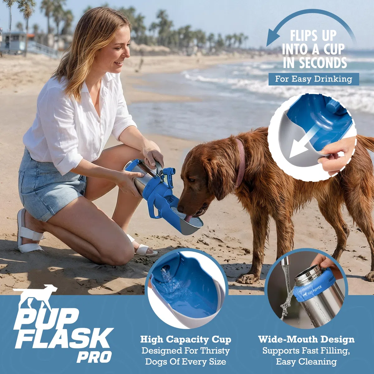 PupFlask Pro tragbare isolierte Hundewasserflasche, Edelstahlnapf | Auslaufsicherer Thermosspender, hält Wasser 24+ Stunden kalt, eingebauter Flip-Becher für Spaziergänge, Wandern und Reisen