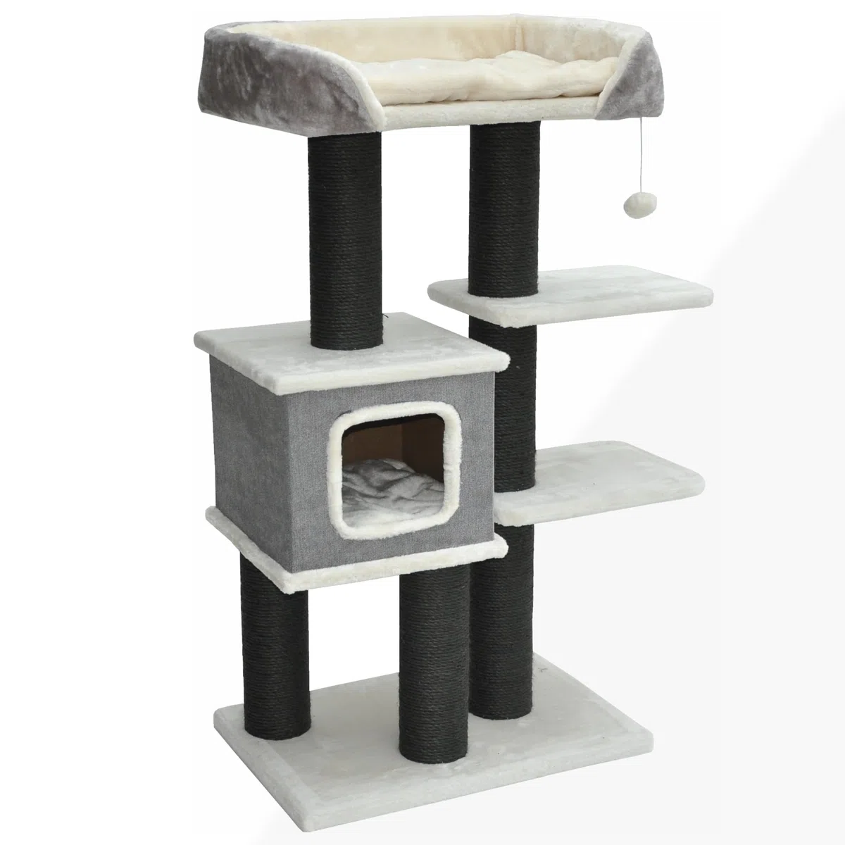 nanook Kratzbaum Katzenkratzbaum für Katzen - Katzenhöhle - Schwarze Sisalstämme - kuschlieger XL Schlafplatz - 119 x 77 x 42 cm - grau beige