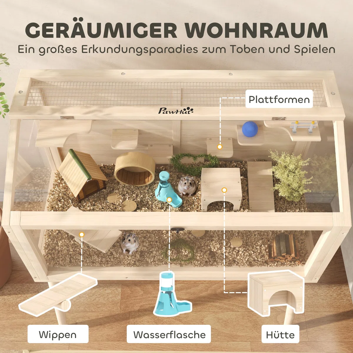 PawHut Hamsterkäfig mit Wippe für Hamster 110 x 52 x 101 cm Naturholz | Zwerghamstergehege, Kükenaufzuchtbox, Wasserflasche, Oberer Tür, Massivholzbeine, Kleintierstall, für Hühnchen Vögel