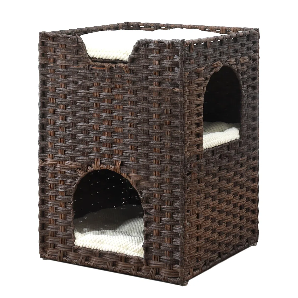 Katzenbett für Indoor-Katzen, ein stilvolles Katzenversteck & Katzenhaus - Handgewebtes Rattan-Katzenhöhlenbett mit weichem Kissen, faltbare Katzenwürfel für Indoor-Katzen, stabile Katzen-Sitzstange