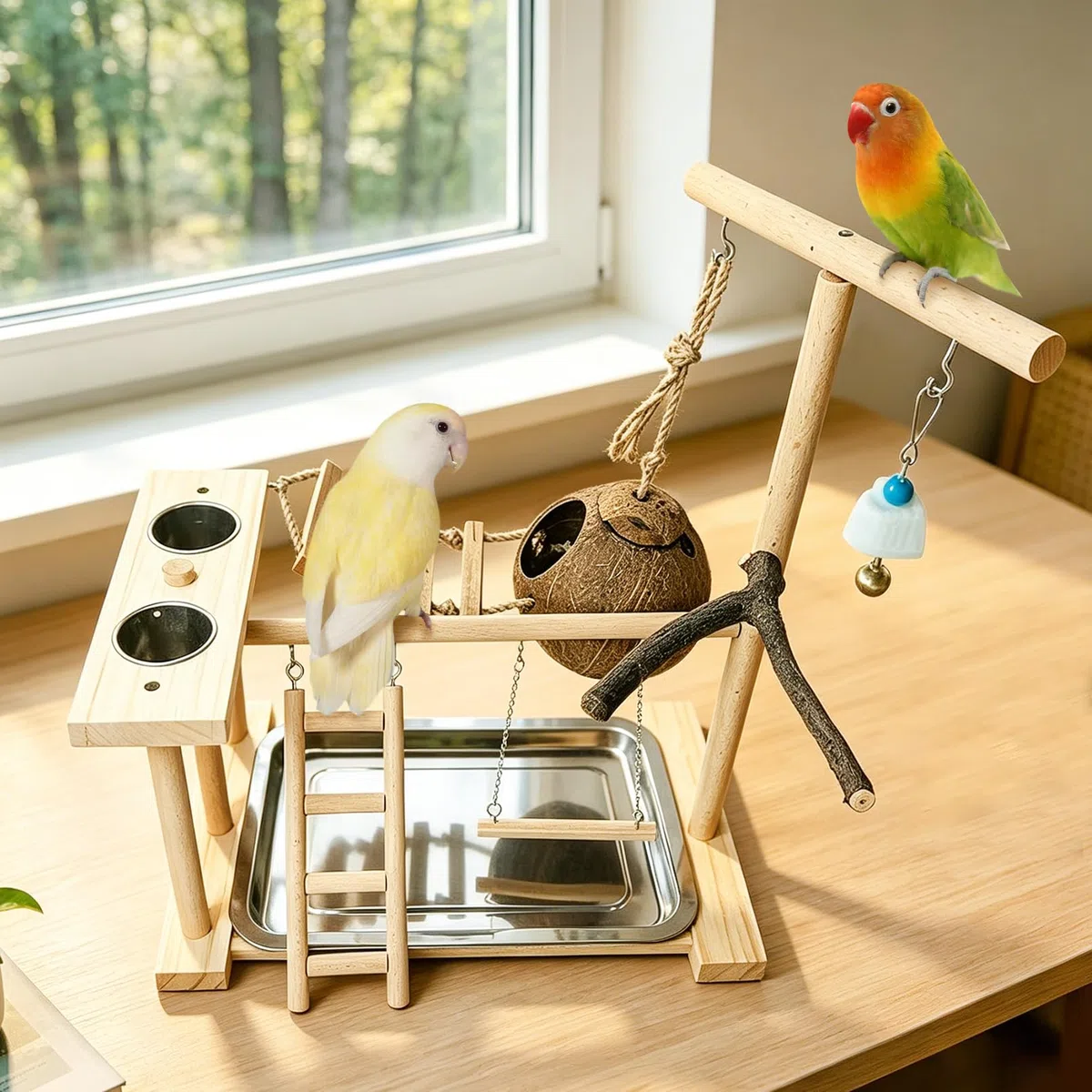 Hamiledyi Spielplatz für Papageien, Vogelspiel, Holz, Sitzstange mit Futterschalen, Spielzeug für Nymphensittiche, Nest mit Leiter für Sittiche