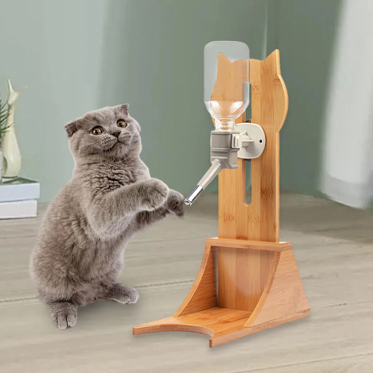 Wasserflasche für Haustiere mit Bambusständer, Wasserbrunnen für Hunde und Katzen, Tierbedarf, Trinkflasche zum Aufhängen, Tränke für Katzen und Hunde, Graue Flasche