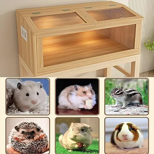 Hamsterkäfig aus Holz, mehrstöckig, Kleintier-Lebensraum für Kaninchen, Meerschweinchen, Chinchillas, Dachfenster, einfache Montage, stabiles Design mit Heizlampe & Zubehör, 60 x 40 x 40 cm