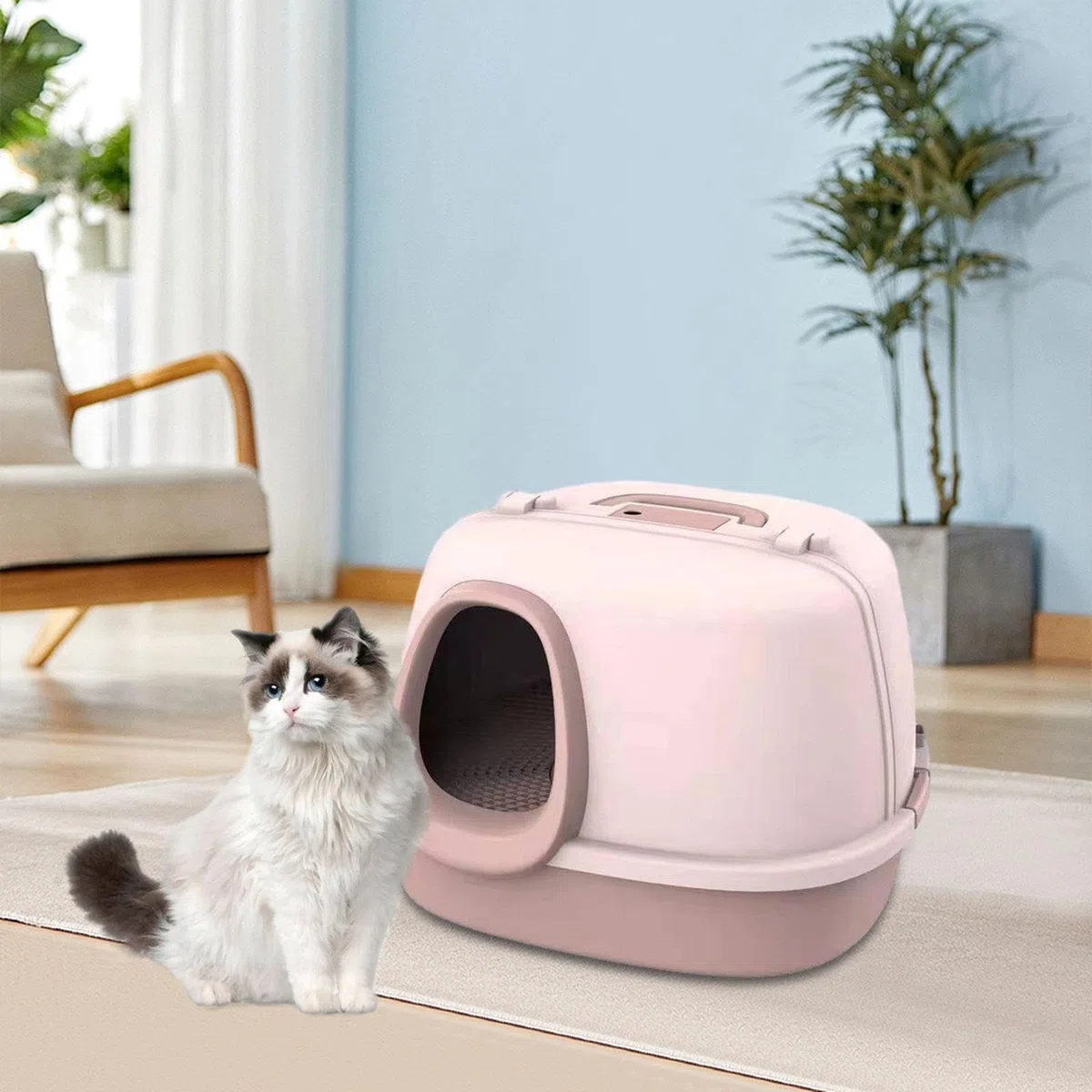 Katzenklo Geschlossen Katzenklo Haube Katzentoilette Katzenlitterbox Faltbar mit Korridoreingang Gegen Spritzen Aus PP mit Großzügigem Innenraum für W, Rosa
