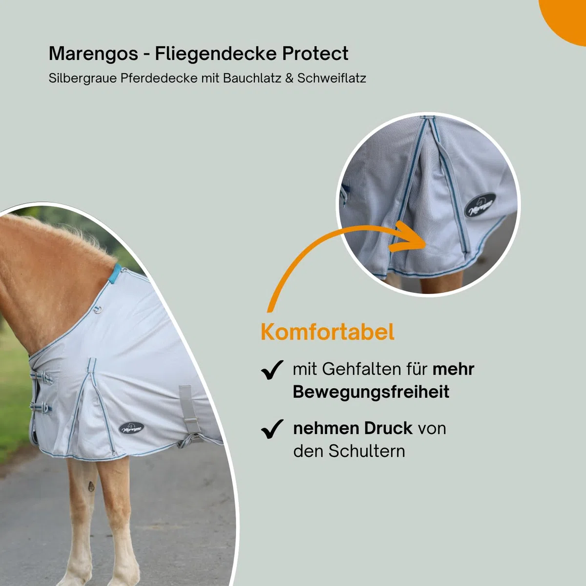Marengos - Fliegendecke Protect mit Bauchlatz & Schweiflatz | robuste & feinmaschige Pferdedecke zum Schutz vor Insekten | doppelter Frontverschluss | Outdoor-Pferdedecke in Silbergrau | 125cm