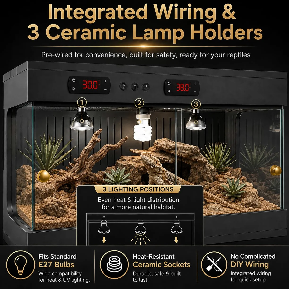 Reptilien-Vivarium, 80 x 40 x 40 cm, Reptilien-Terrarium mit doppeltem Thermostat und Keramik-Lampenfassung, 3-seitige Belüftung, stapelbares Glas-Reptiliengehege für Bartagamen, Schlange, Frosch