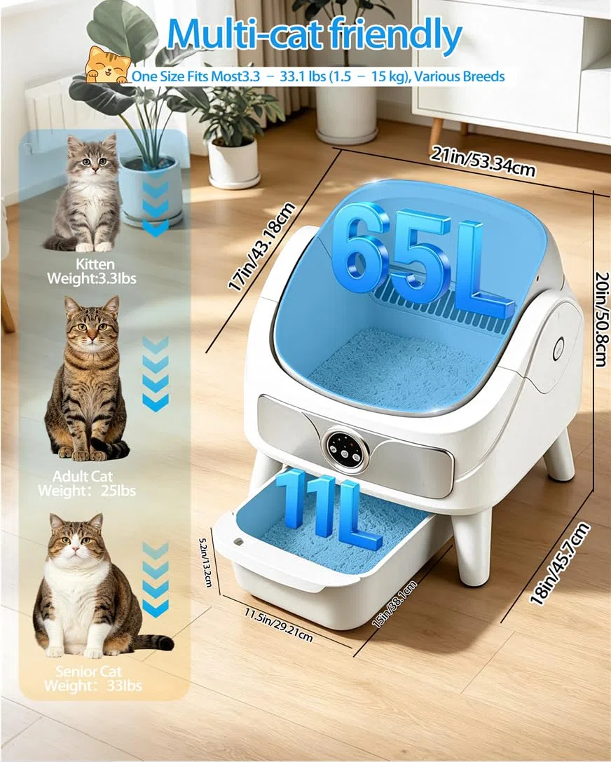 Katzenklo Selbstreinigend, Selbstreinigende Katzentoilette, Geruchsfrei | Automatisches Katzenklo, Offene Katzenklo, App-Steuerung, Sicher, Anti-Geruch, XXL, Einklemmschutz, Sofort Bereit