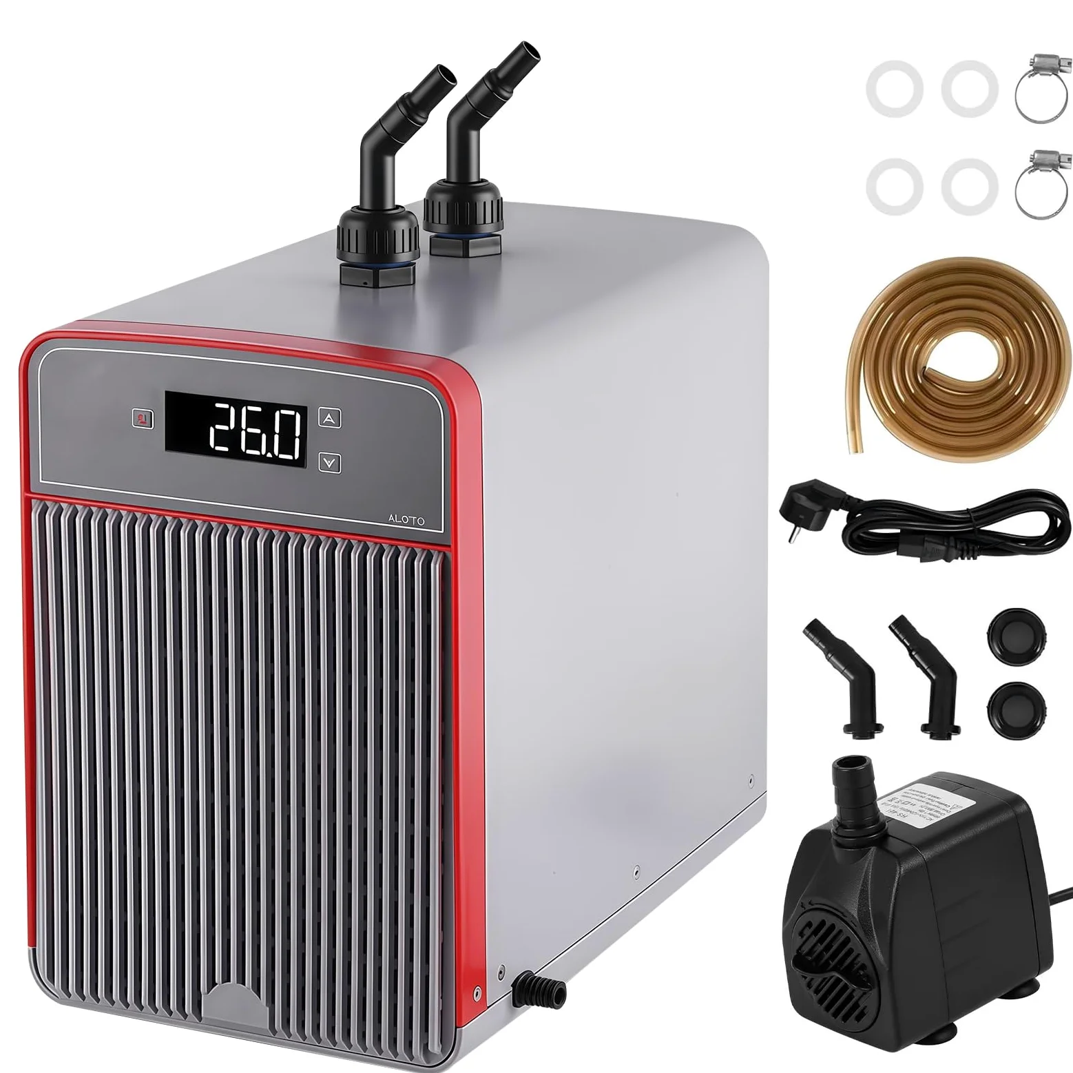 Aquarium Durchlaufkühler 160L, Wasserkühler Aquarium Spezielle Leise Design für Fischbecken Wasserkraut Quallen Süß- / Salzwasser-Wasserpflanzen, Aquarium Chiller mit Pumpe, Schlauch und Haltering