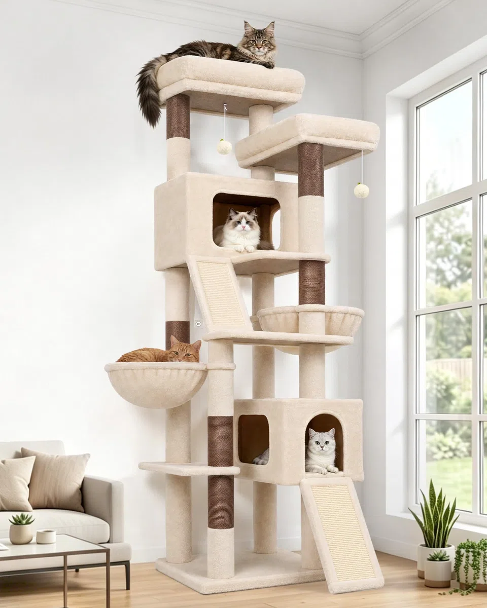 Globlazer Kratzbaum Beige XXL Stabil 190 cm fur 3-5 Große Katzen F74C | Stabile kippsichere Konstruktion, 2 Kratzrampe Sisal, bebilderte Anleitung. Katzchen Katzen Senioren Ausruhen Spielen Kratzen