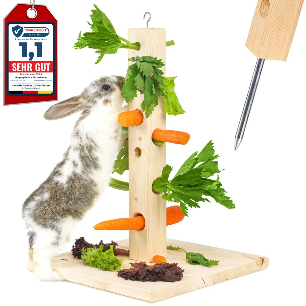 Futterbaum Kaninchen Meerschweinchen mit Bodenplatte aus Holz und Erdspieß fürs Freigehege Hasen | Heuraufe Kaninchen