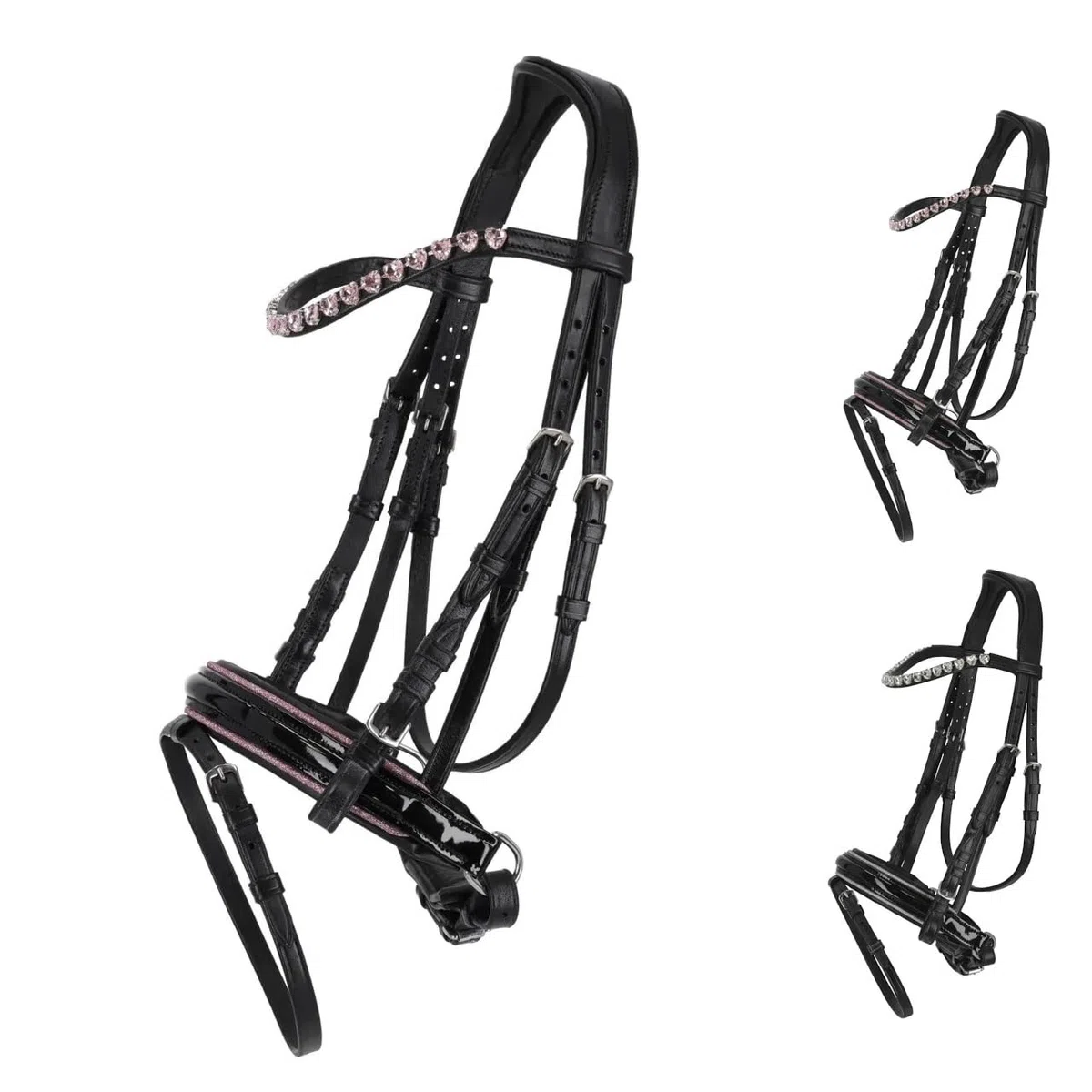 NETPROSHOP Leder Trense Bixie mit Herz-Straßsteinchen weich gepolstert Shetty und Mini Shetty, Groesse:Shetty, Farbe:Rosa