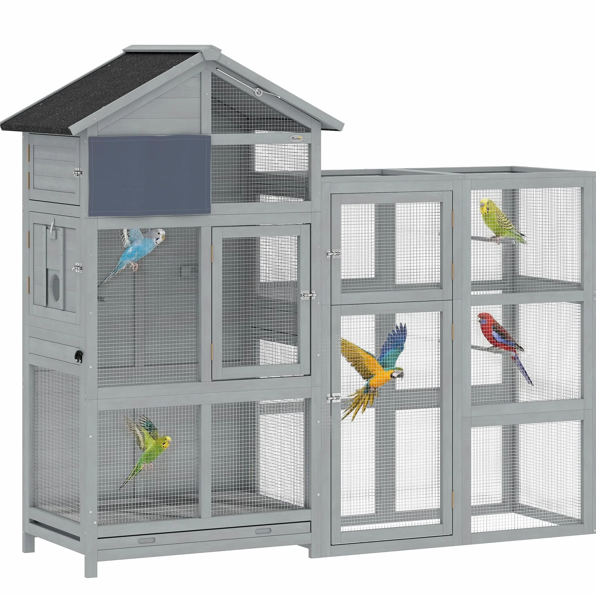 PawHut Voliere Vogelvoliere aus Holz mit Erweiterung 6 Sitzstangen 7 Türen Ablagefach Vogelkäfig mit herausziehbarer Schublade Edelstahlnäpfen Vogelhaus für Finken Wellensittiche Grau 196x60x164,5cm