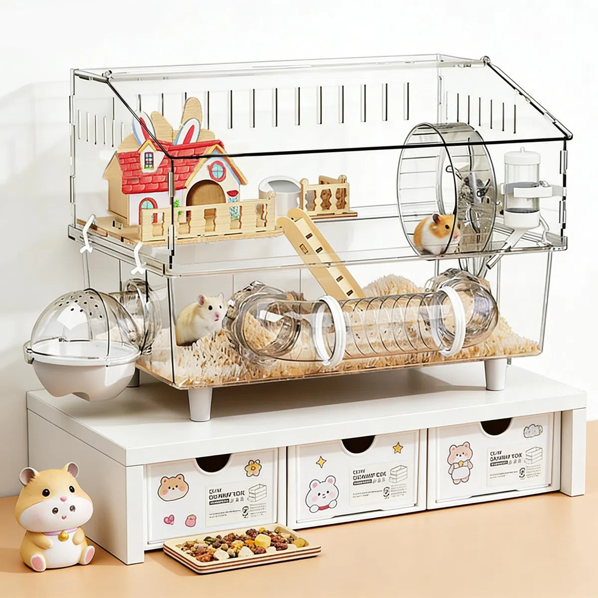 Hamsterkäfig 2-stöckiger Nagerkäfig aus Klarsicht | Geräumiger Hamsterkäfig mit Trinkflasche und Toilette für Zuhause, Beobachtung, Reisen mit Kleintieren
