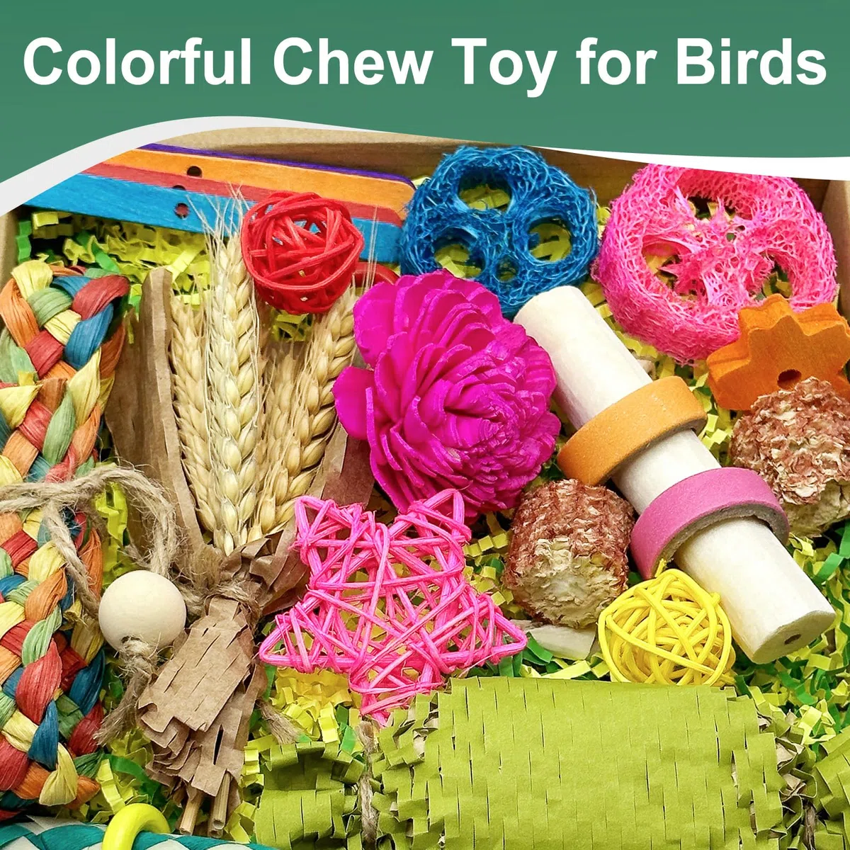 Natürliches Vogelspielzeug, Futtersuche, Papageien, Schreddern, Spielzeug für Nymphensittiche, Sittiche, Wellensittiche, kleine und mittelgroße Vögel (bunt)