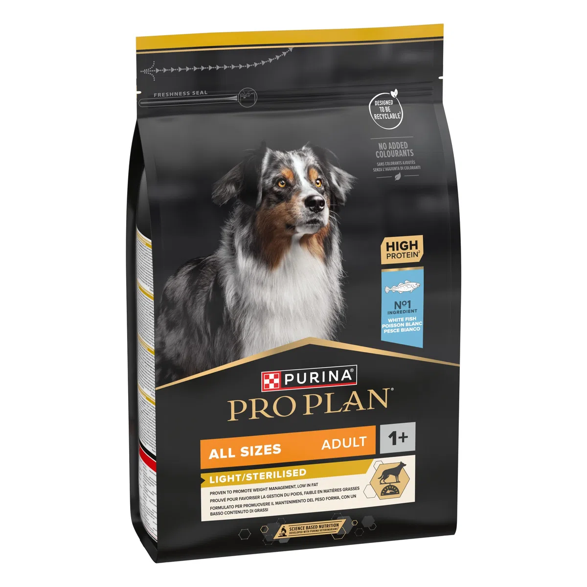 Purina Pro Plan Light/Sterilized Hundefutter für Erwachsene, sterilisiert, leicht, Gewichtskontrolle mit weißem Fisch, 4 Beutel à 3 kg