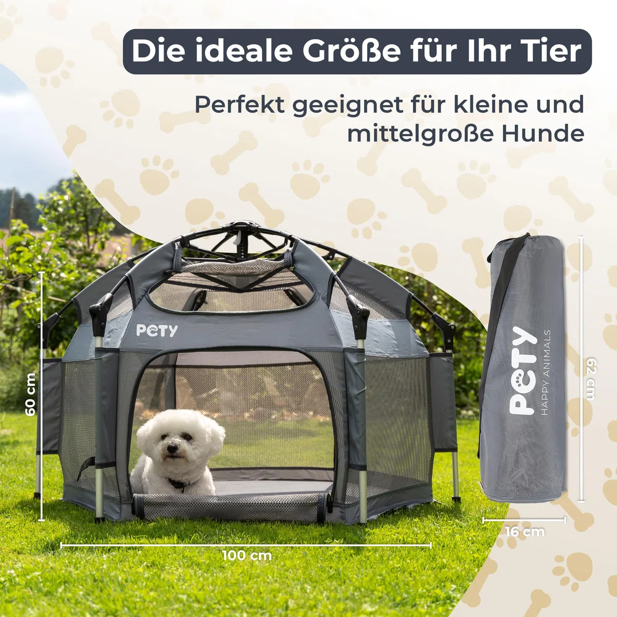 PETY Laufstall für Hunde - 100 x 60 cm mobiles Hundezelt mit Tragetasche und Heringen - Outdoor und Indoor Tiergehege - Hunde Reisezubehör für Camping – Anthrazit