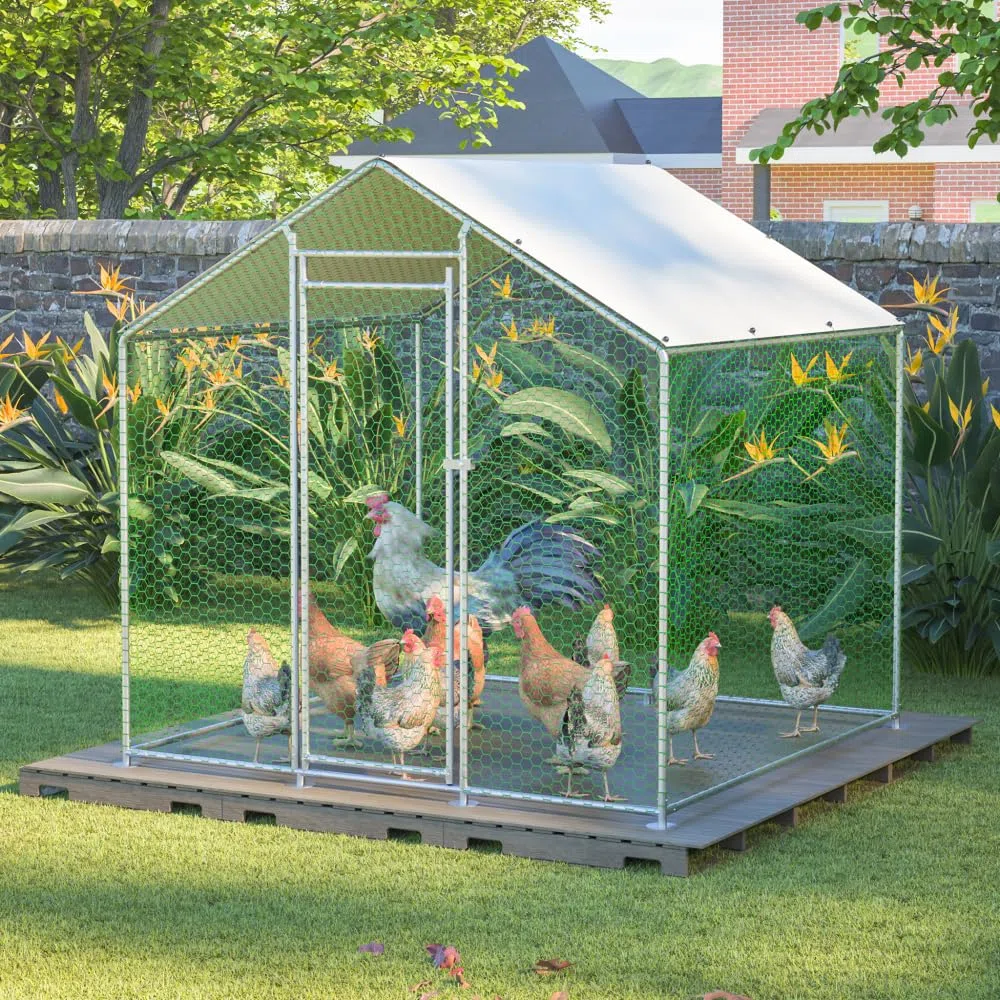 Metall Hühnerstall 2x2x2m Silber Freilaufgehege | Kleintiergehege Voliere Geflügelstall, Verzinkter Stahlrahmen Dachplane Begehbarer Auslauf Draußen Gartengehege Schutzdach