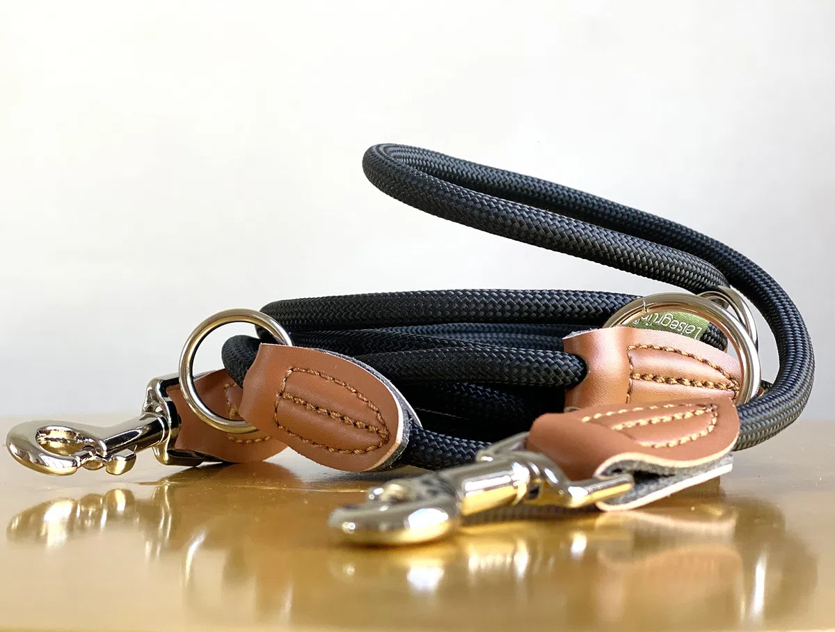 Leisegrün Nylon Hundeleine 3m Große Hunde - Verstellbar, 2 Karabiner | Führleine, Freihandleine & Umhängeleine | Paracord & Wasserfest | Farbe: Schwarz